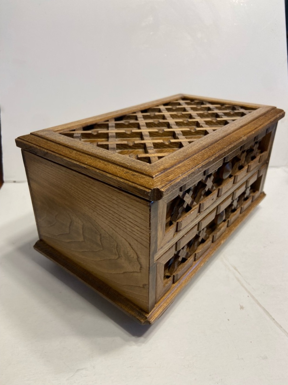 Vintage Mele Jewelry Box Wood Lattice Chest 2 Drawer Japan Utica NY MCM Boho Box